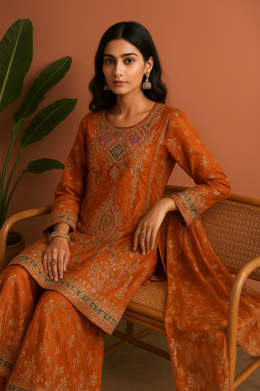 Volume 1:2, Orange ARI DORI Embroidered Suit with handmade work| 3 Piece