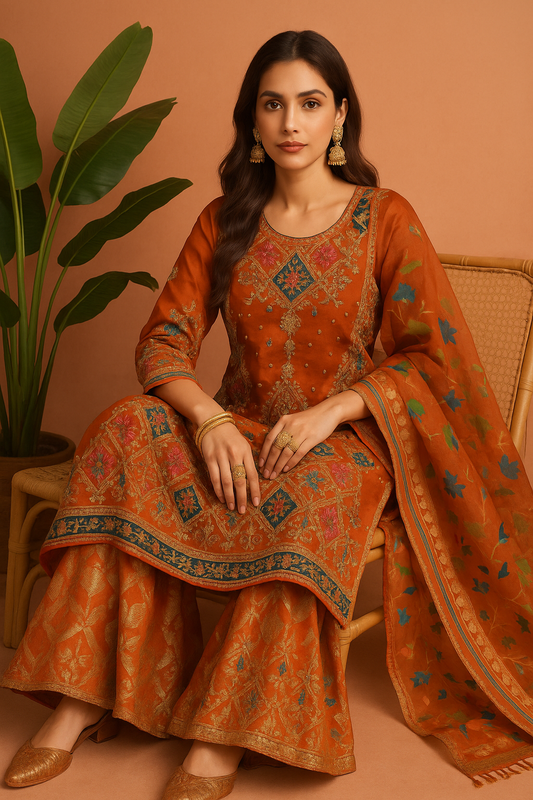 Volume 1:2, Orange ARI DORI Embroidered Suit with handmade work| 3 Piece