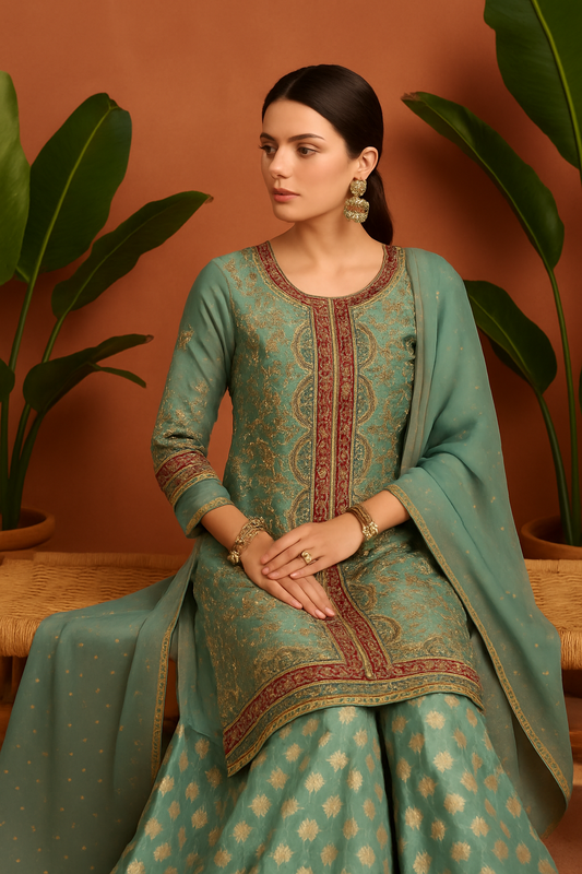 Volume 1:3, SeaGreen ARI DORI Embroidered Suit with handmade work| 3 Piece
