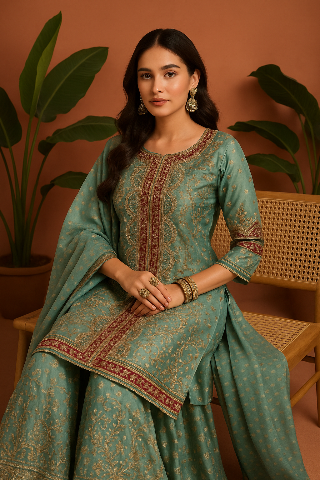 Volume 1:3, SeaGreen ARI DORI Embroidered Suit with handmade work| 3 Piece