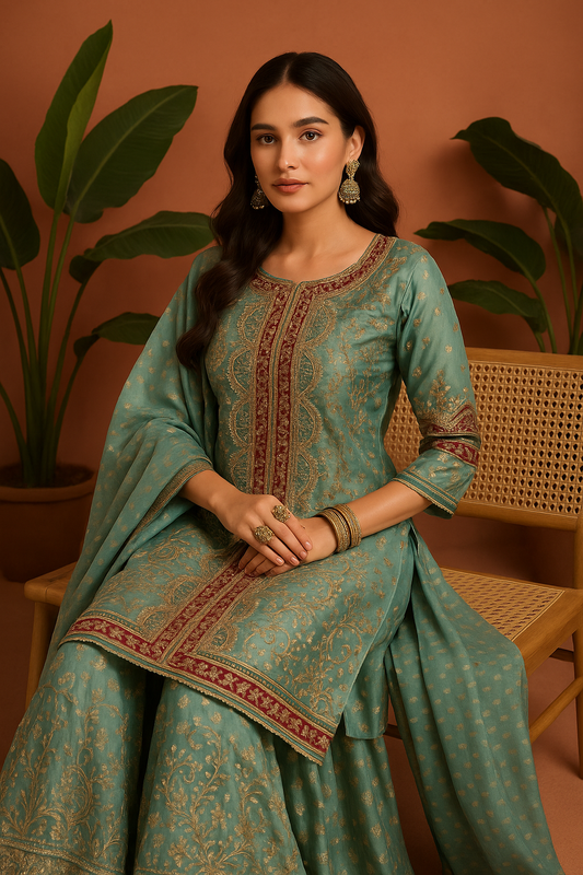 Volume 1:3, SeaGreen ARI DORI Embroidered Suit with handmade work| 3 Piece