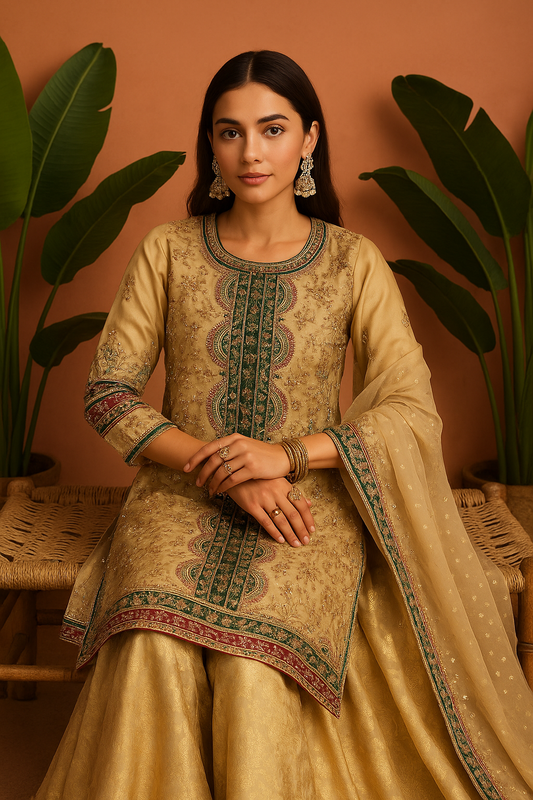Volume 1:4, Brown ARI DORI Embroidered Suit with handmade work| 3 Piece
