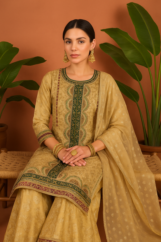 Volume 1:4, Brown ARI DORI Embroidered Suit with handmade work| 3 Piece