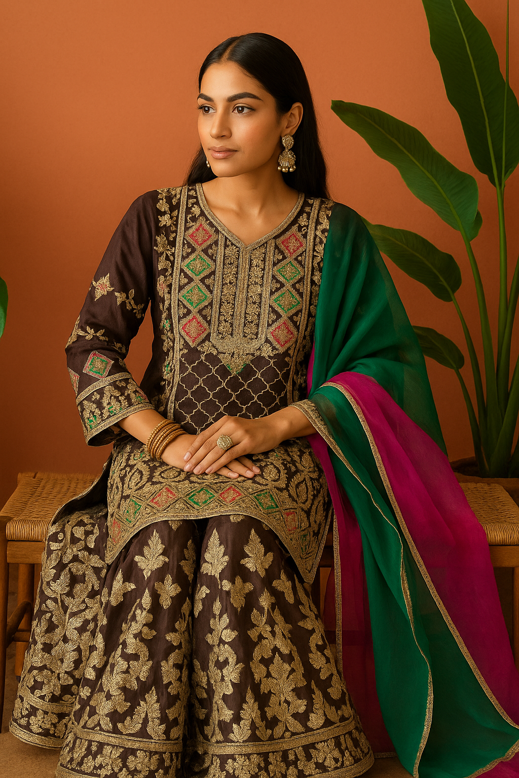 Volume 1:7, Brown ARI DORI Embroidered Suit with handmade work| 3 Piece