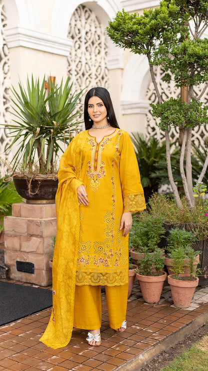 Bronze | RTW Collection | Cambric Cotton | 3-Piece Set: Shirt, Trouser & Dupatta