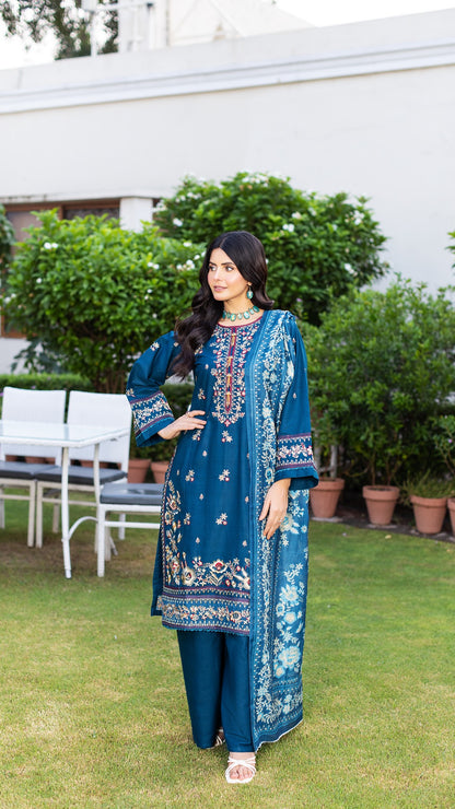 Blue RTW Collection | Cambric Cotton | 3-Piece Set: Shirt, Trouser & Dupatta