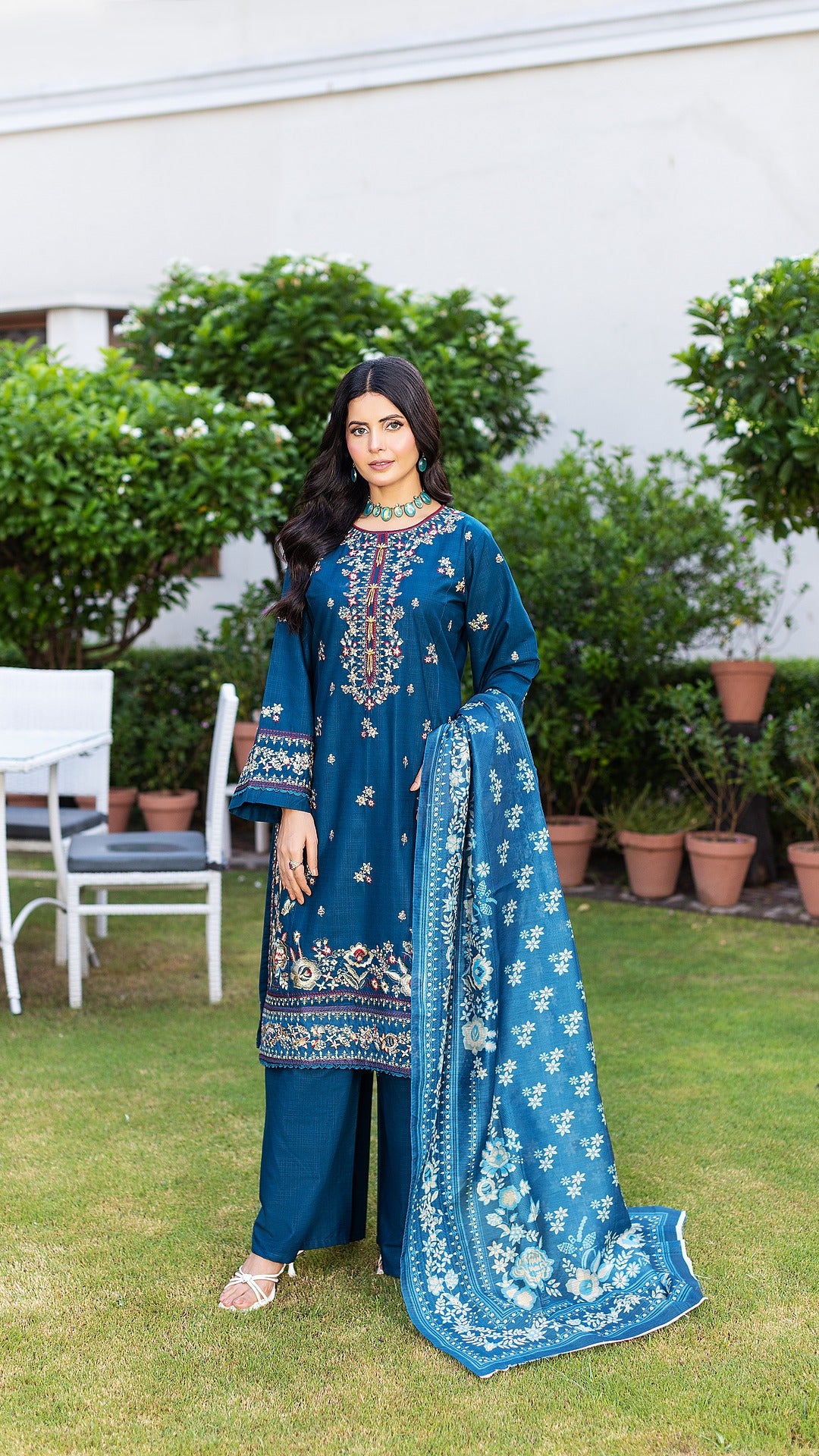 Blue RTW Collection | Cambric Cotton | 3-Piece Set: Shirt, Trouser & Dupatta