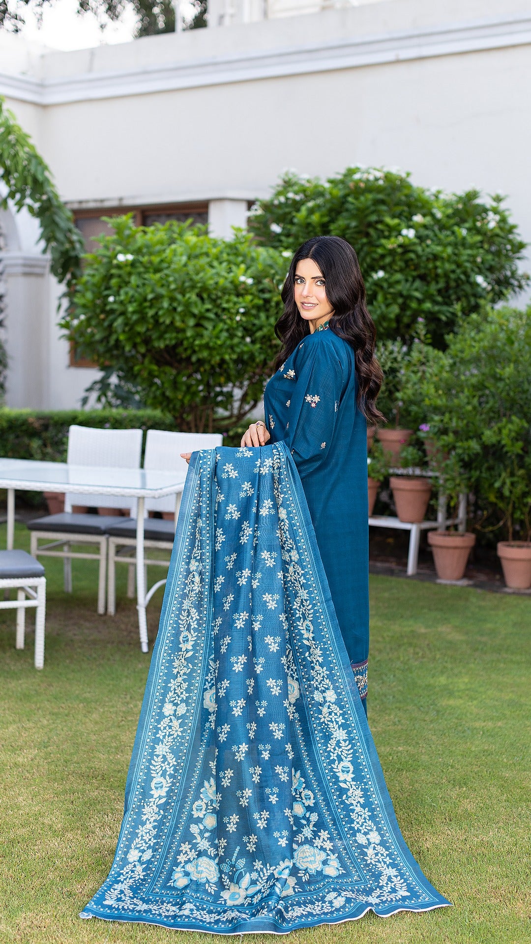 Blue RTW Collection | Cambric Cotton | 3-Piece Set: Shirt, Trouser & Dupatta