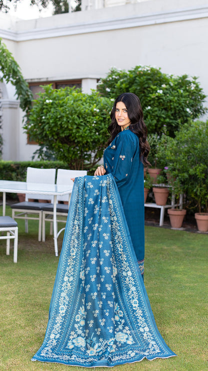 Blue RTW Collection | Cambric Cotton | 3-Piece Set: Shirt, Trouser & Dupatta