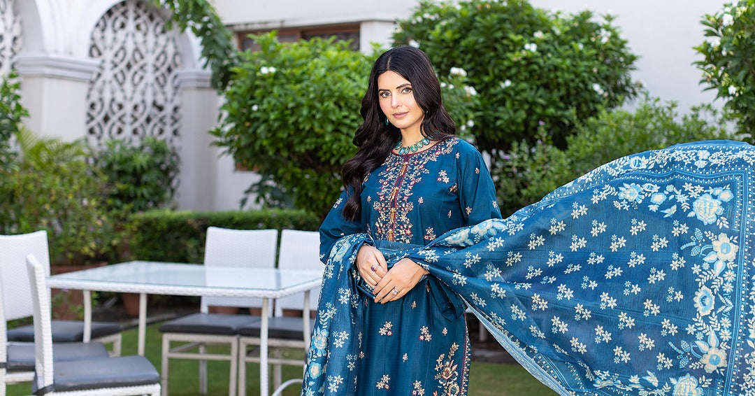Blue RTW Collection | Cambric Cotton | 3-Piece Set: Shirt, Trouser & Dupatta