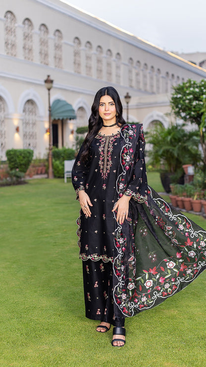 Black | 3-Piece Ready-to-Wear | Cambric Cotton | Shirt, Trouser & Dupatta
