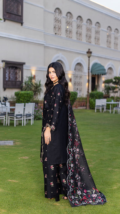 Black | 3-Piece Ready-to-Wear | Cambric Cotton | Shirt, Trouser & Dupatta