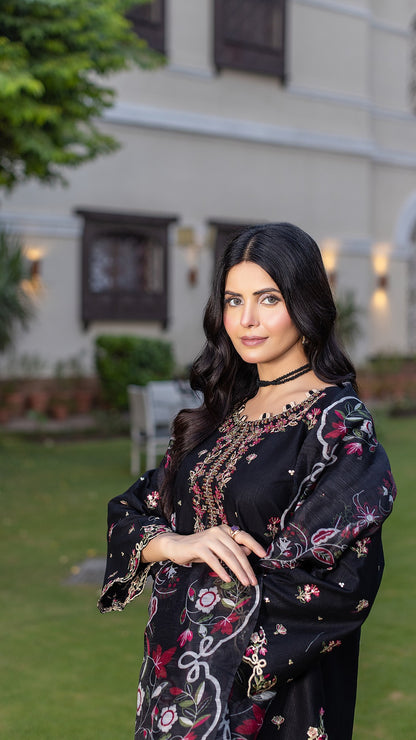 Black | 3-Piece Ready-to-Wear | Cambric Cotton | Shirt, Trouser & Dupatta