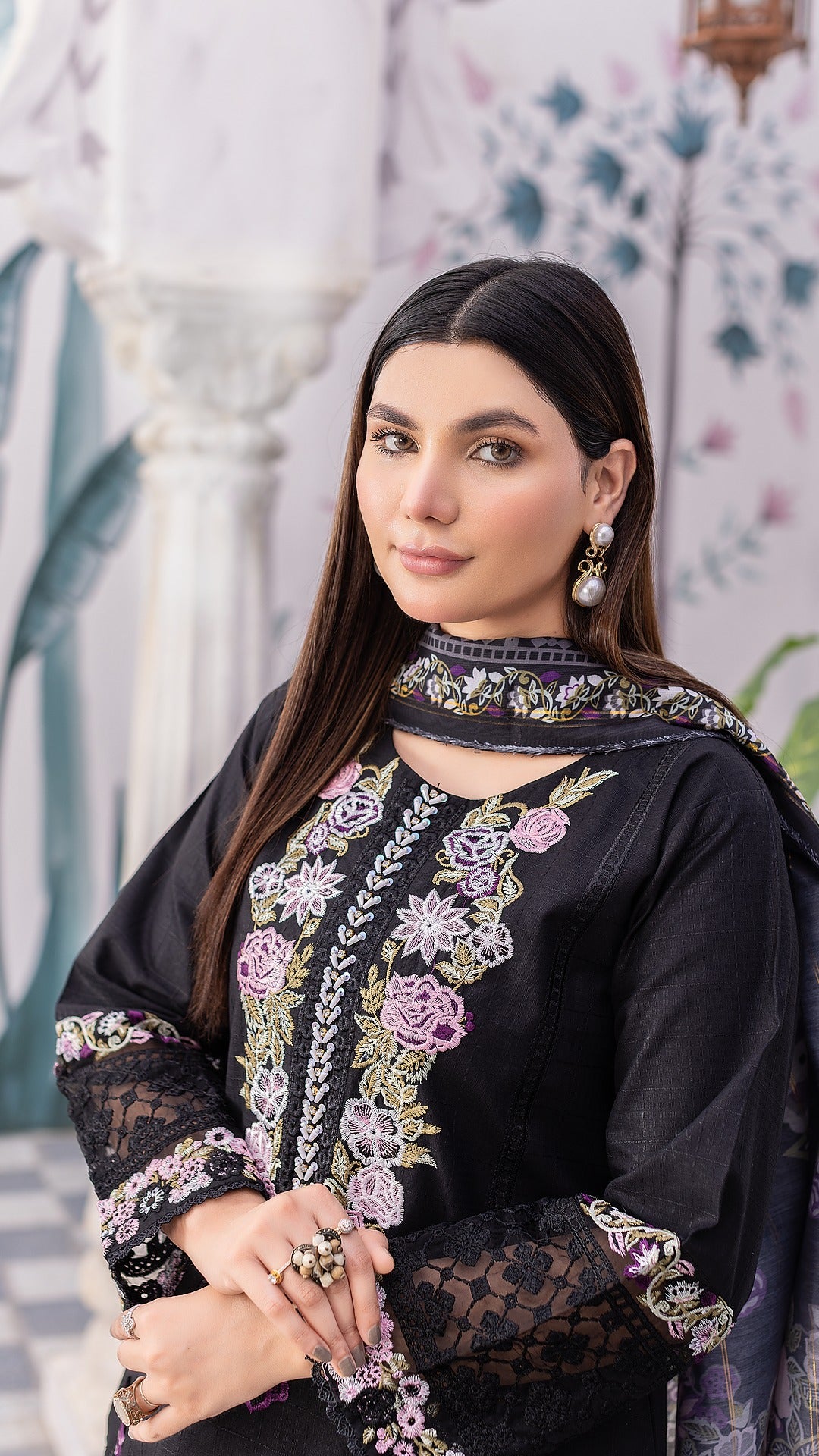 Black RTW Collection | Cambric Cotton | 3-Piece Set: Shirt, Trouser & Dupatta