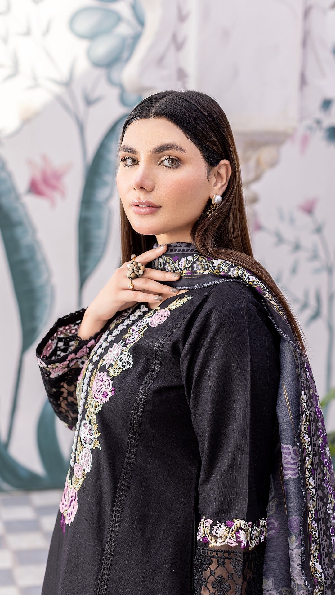 Black RTW Collection | Cambric Cotton | 3-Piece Set: Shirt, Trouser & Dupatta