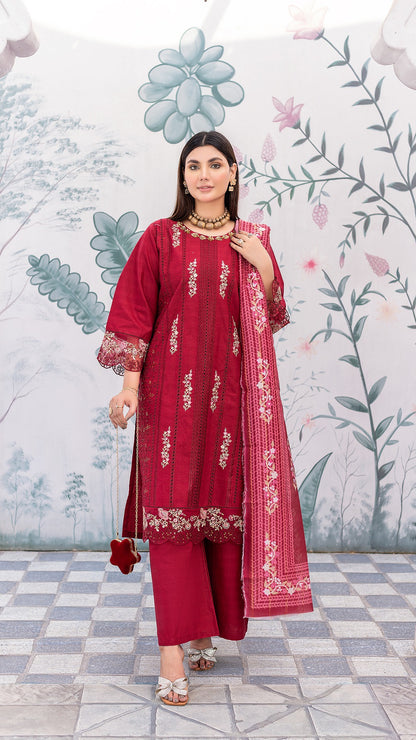 Red Cambric Cotton | Ready to Wear | Shirt, Trouser & Dupatta