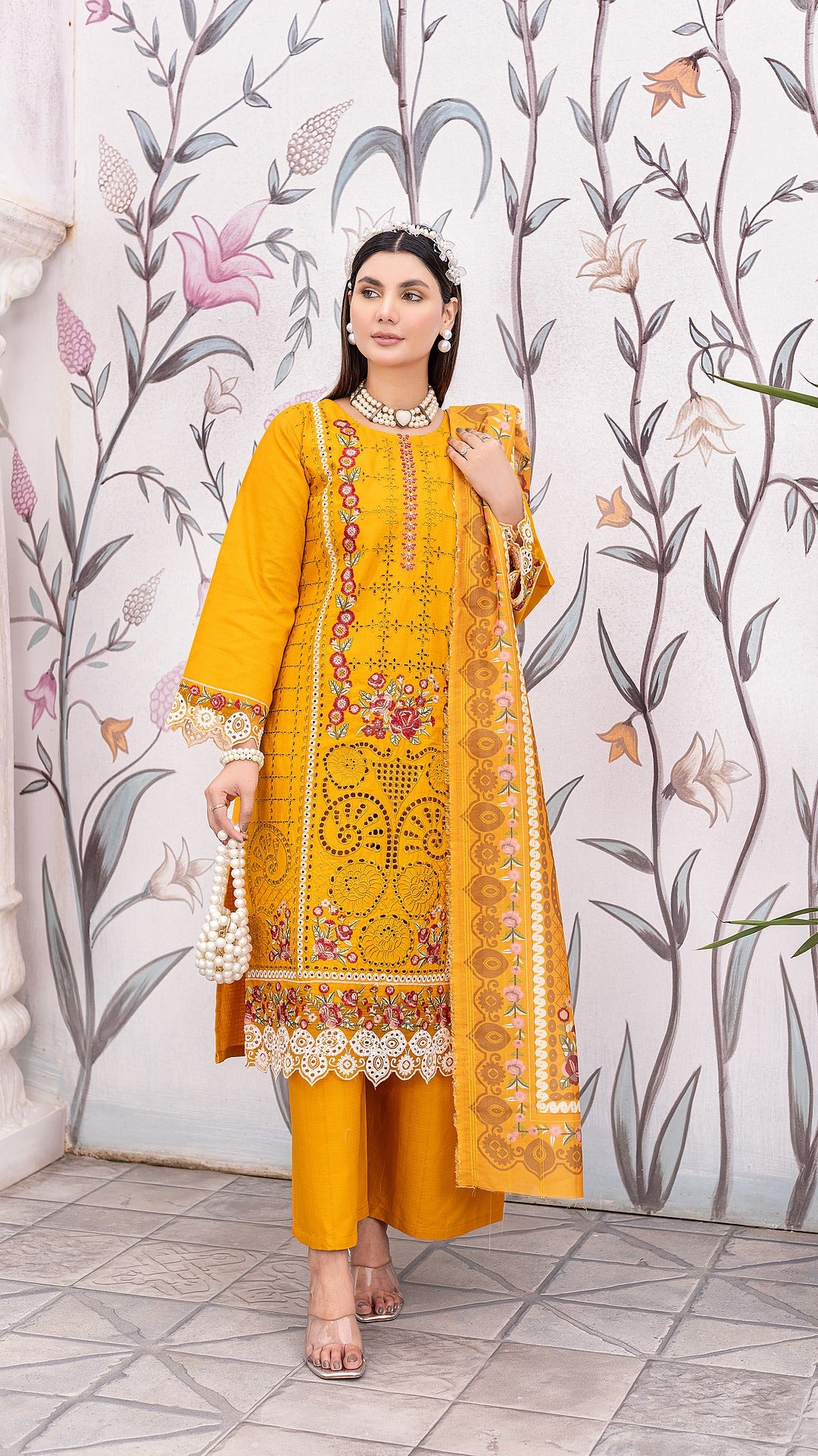 Golden | 3-Piece Ready-to-Wear | Cambric Cotton | Shirt, Trouser & Dupatta