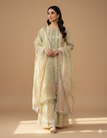 white-yellow Embroidered Suit with sharara | 3 Piece Stitched