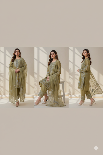 Pastel Green Embroidered Trouser Suit| 3 Piece Stitched