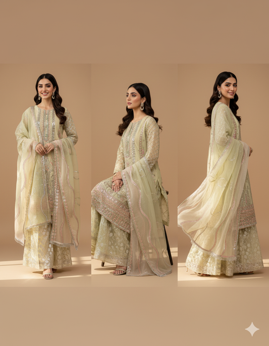 white-yellow Embroidered Suit with sharara | 3 Piece Stitched