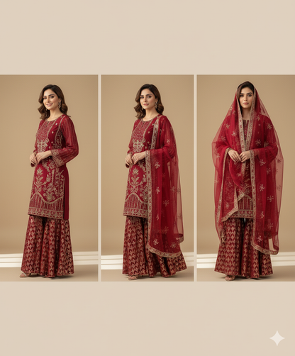 Maroon Handmade Luxury 3 Piece | Organza | Ready To Wear