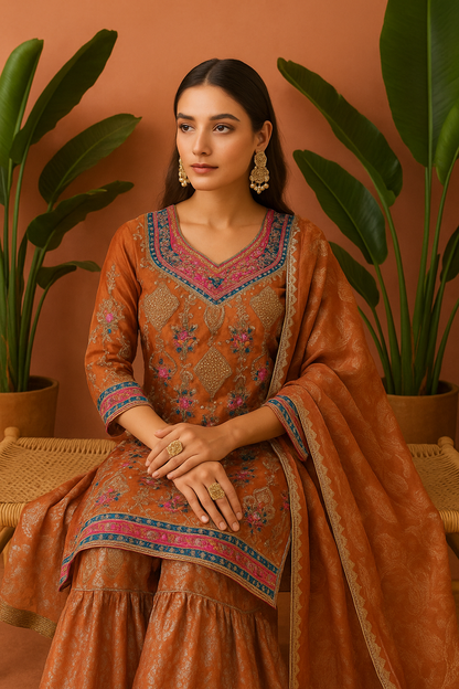 Volume 1:5, Orange ARI DORI Embroidered Suit with handmade work| 3 Piece