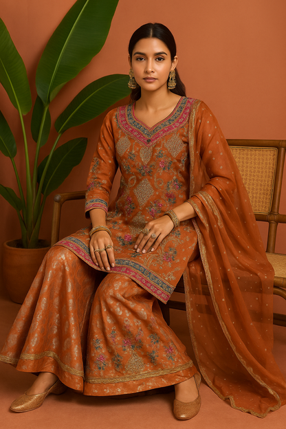 Volume 1:5, Orange ARI DORI Embroidered Suit with handmade work| 3 Piece