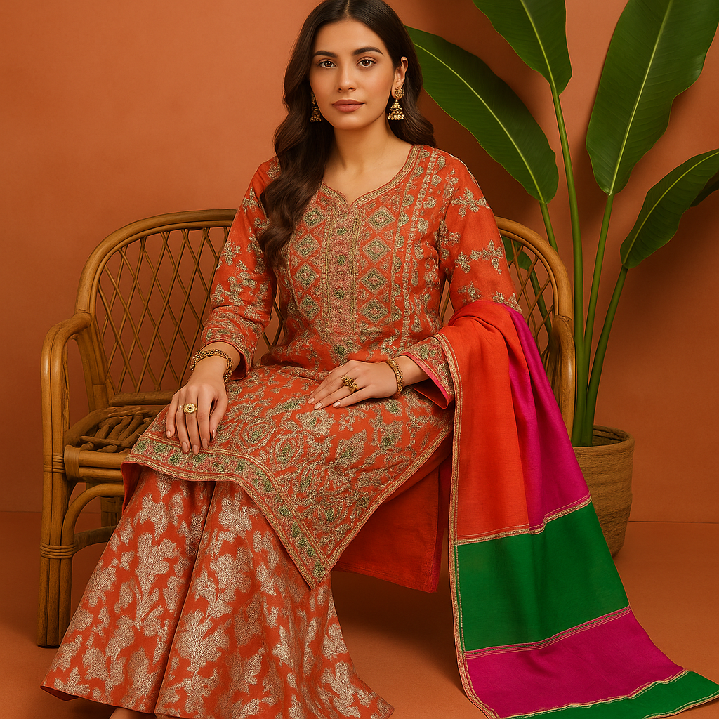 Volume 1:6, Orange ARI DORI Embroidered Suit with handmade work| 3 Piece