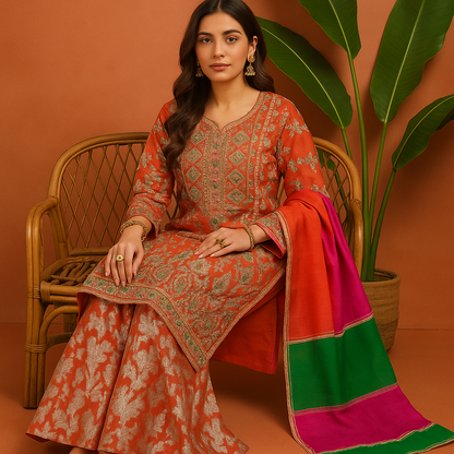 Volume 1:6, Orange ARI DORI Embroidered Suit with handmade work| 3 Piece