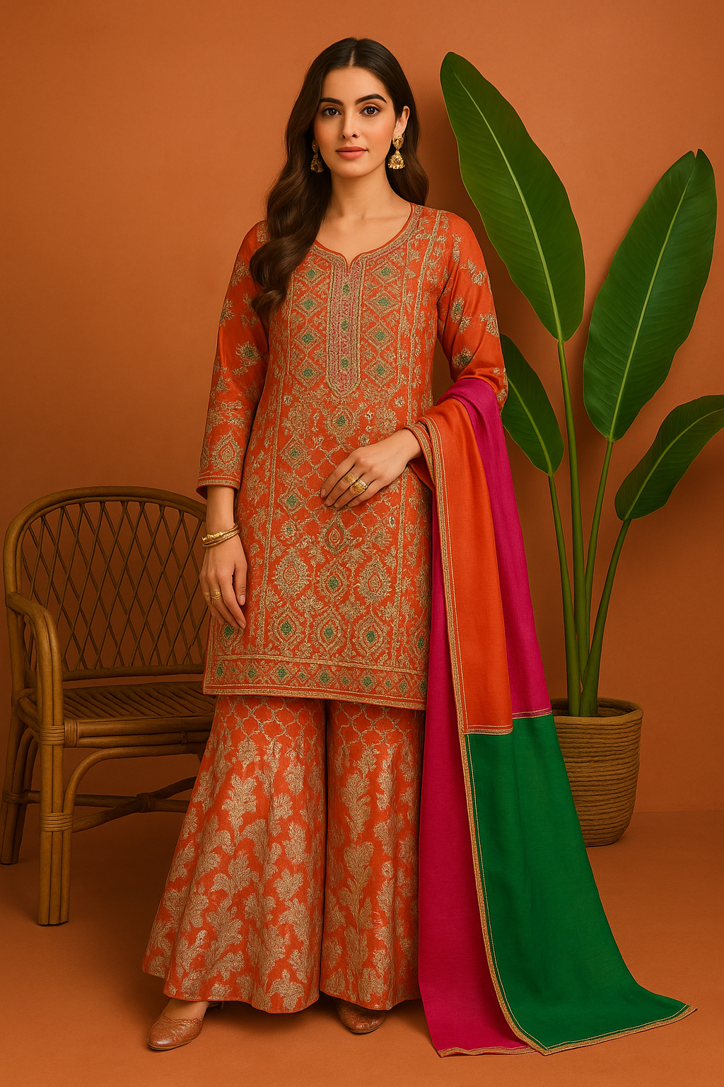 Volume 1:6, Orange ARI DORI Embroidered Suit with handmade work| 3 Piece