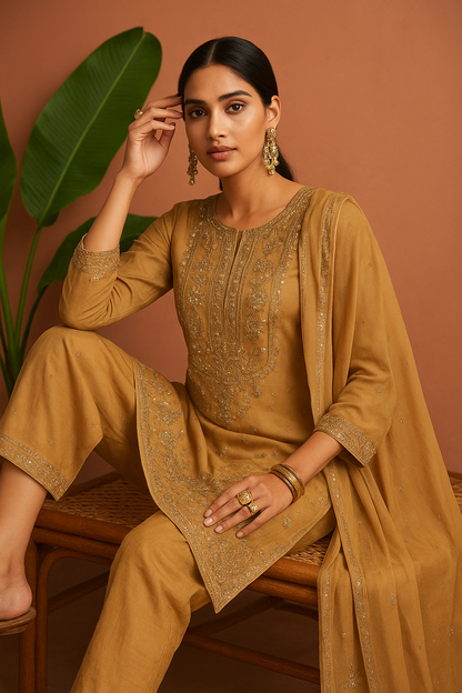 Volume 2:3 , Brown Embroidered Suit with handmade work| 3 Piece Stitched