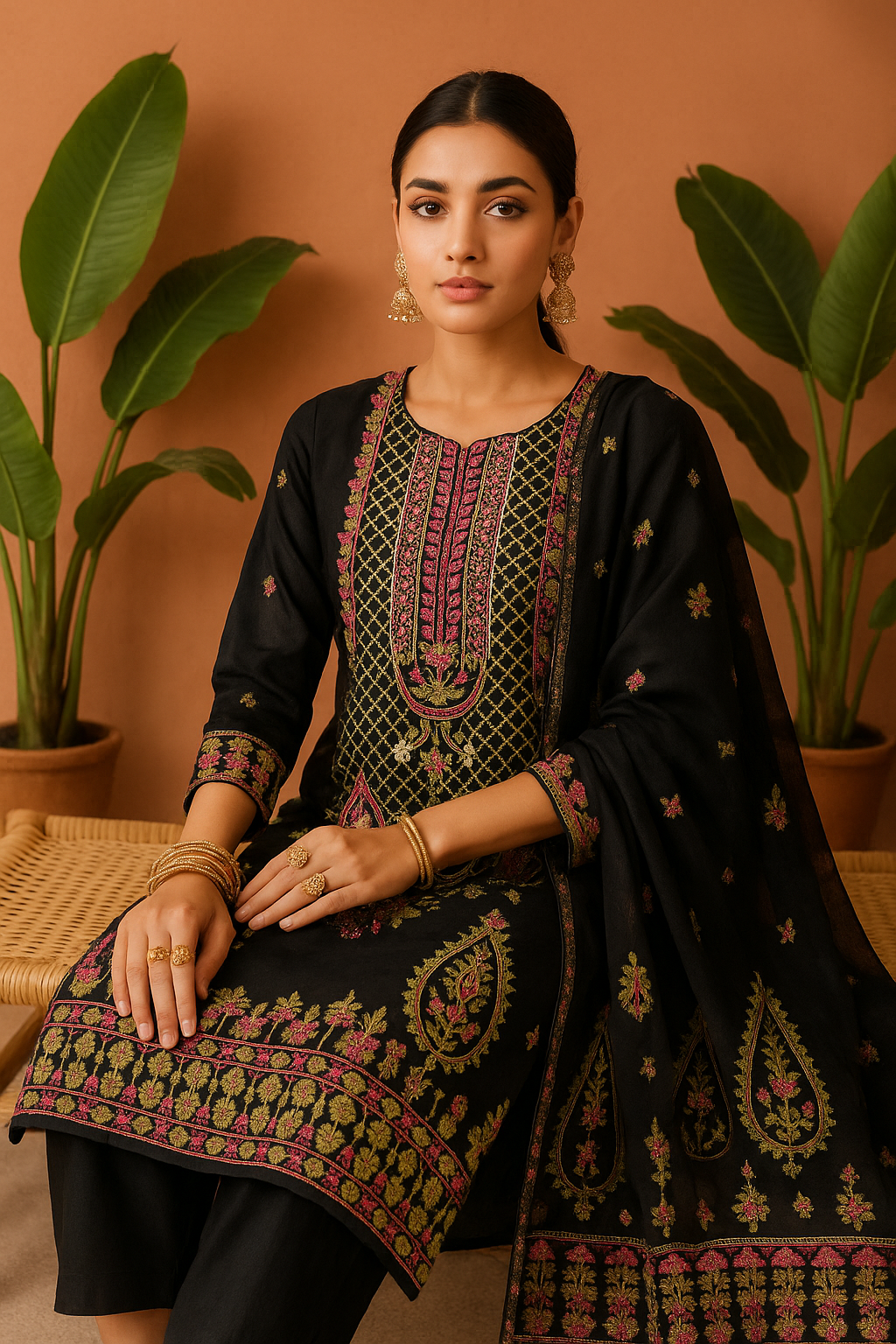 Volume 2:6, Black Embroidered Suit with handmade work| 3 Piece Stitched