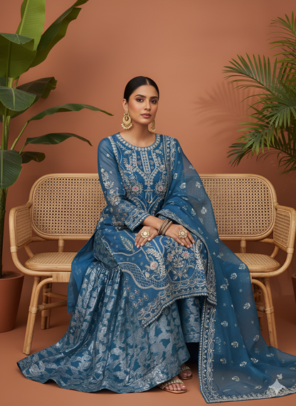 Volume 3:1, Blue Handmade Embroidered Suit With Sharara | 3 Piece Stitched