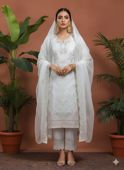 Volume 3:2, White Handmade Embroidered Suit With Trouser | 3 Piece Stitched