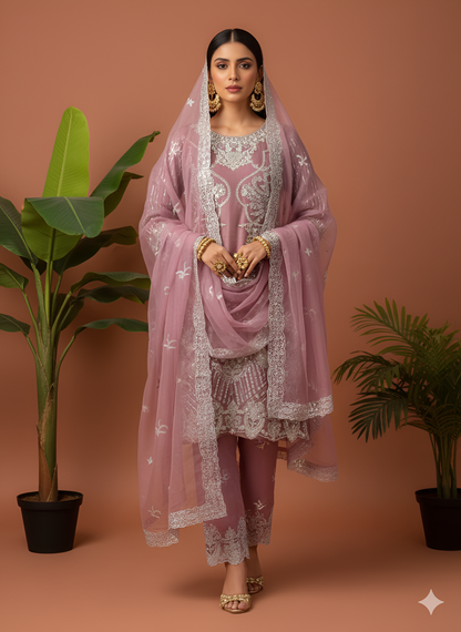 Volume 3:5, Pink Handmade Embroidered Suit With Trouser | 3 Piece Stitched