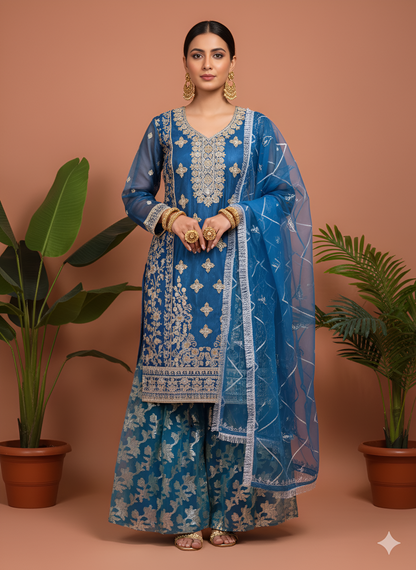 Volume 3:4, Navy Blue Handmade Embroidered Suit With Sharara | 3 Piece Stitched
