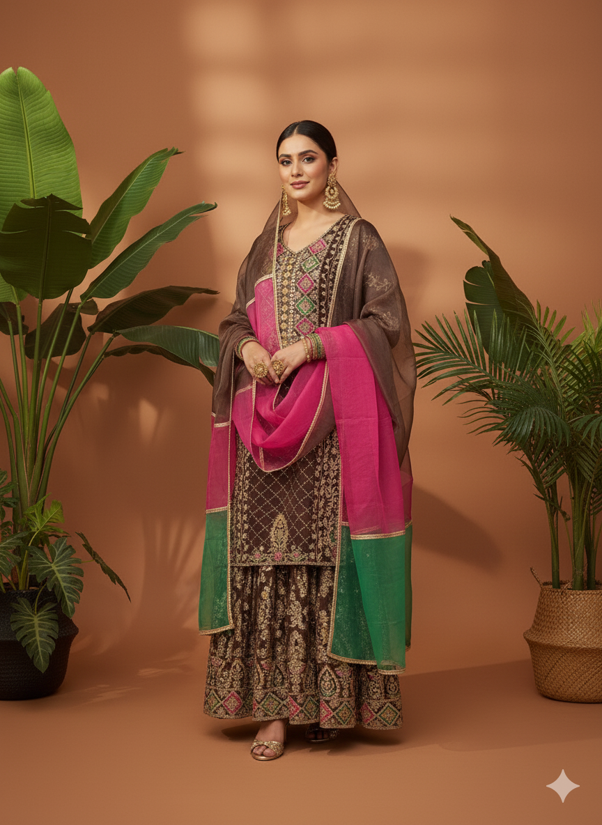 Volume 1:7, Brown ARI DORI Embroidered Suit with handmade work| 3 Piece