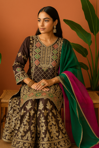 Volume 1:7, Brown ARI DORI Embroidered Suit with handmade work| 3 Piece